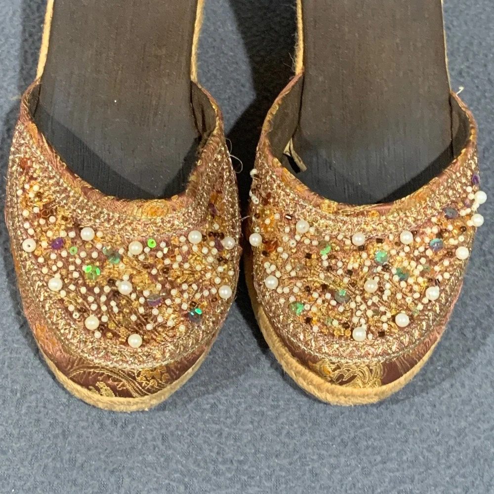 Y2K Fairy Espadrille Wedge Mules Women 8.5 Beaded Brocade Boho Artisan Sandals